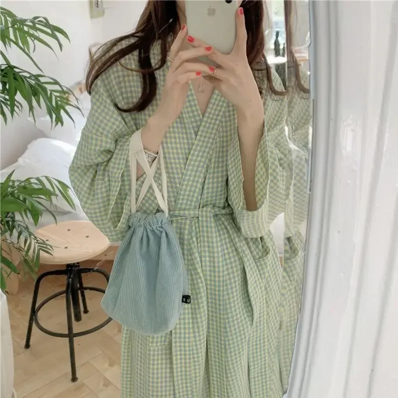 Plaid Robe for Women Sashes Summer Sleepwear Nightdress Japanese Night Wears One Piece Dress Pocket Korean Reviews Many Pajama