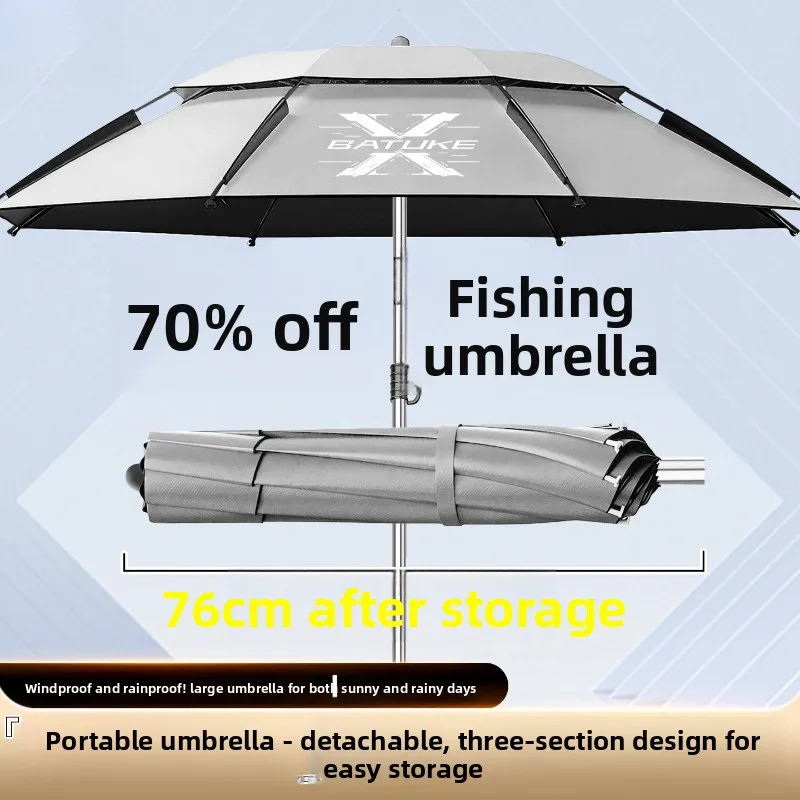 Modern Metal Fishing Umbrella 3-Fold Camping Canopy Black Coating UV Rainproof Tilt Portable Outdoor Shelter for Anglers