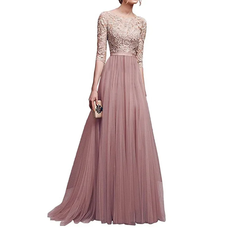 

Office Lady O Neck Chiffon Floor Length Dresses Half Sleeve Elegant Fashion Clothing Spring Fall New Women New Lace Party Dress