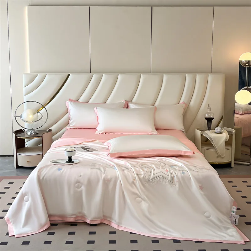

2025 new washed silk embroidered summer quilt 4-piece dormitory single summer cool quilt bed sheet pillowcase machine washable