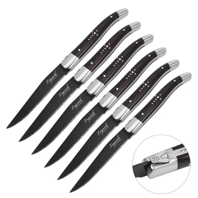 

2/6/10Pcs Laguiole Double Steel Head Cross Nail Steak Knives Steak Knife Set Stainless Steel Black-Colored Wood Polished Handles