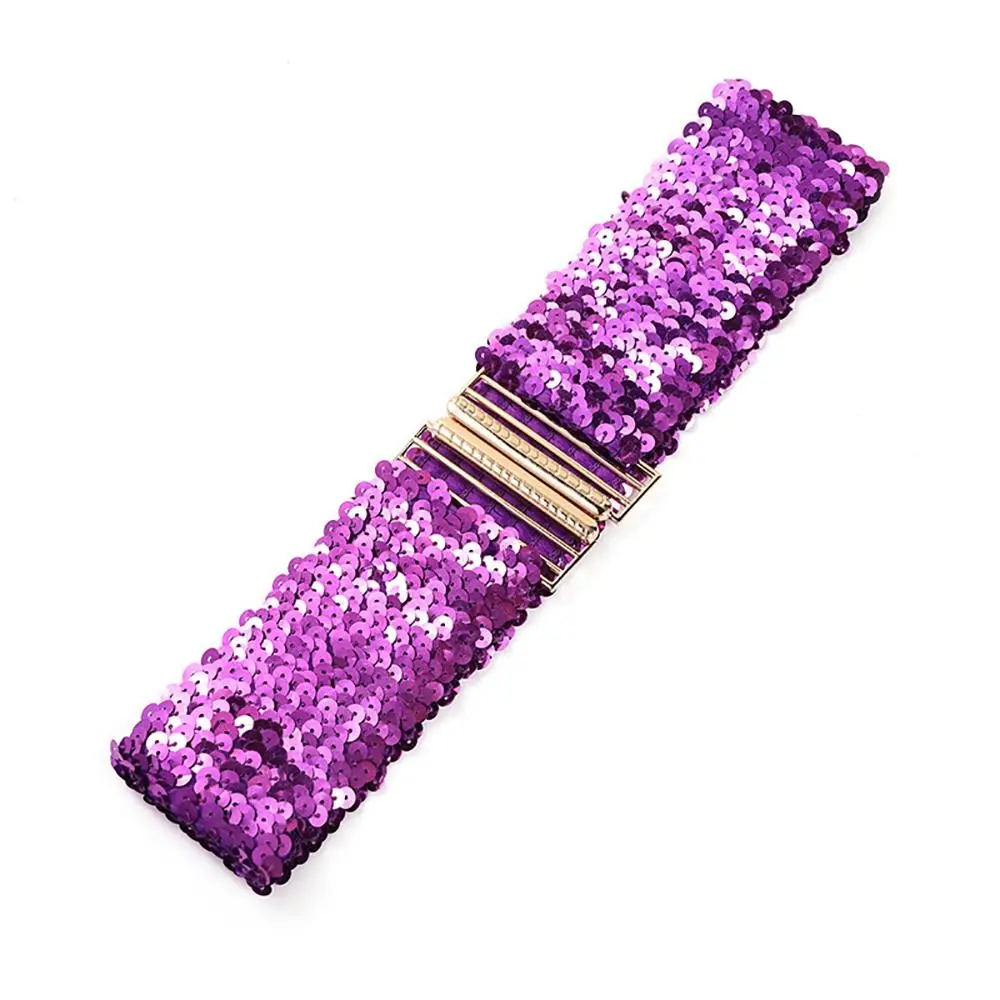 Fashion Elastic Sequin Stretch Belt Gold Buckle Eye Catching Wide Waist Belt 60cm Disc Belts Dresses