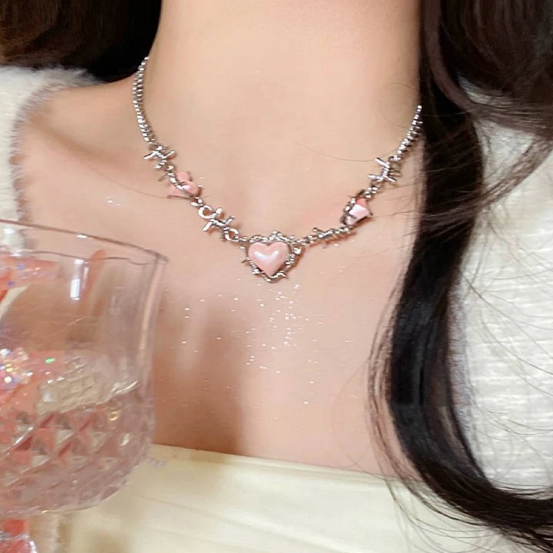 Kpop الحب قلب القوس قلادة للنساء ، سلسلة اللؤلؤ الزركون الوردي ، الحلو Y2K المجوهرات الجمالية ، هدية الحزب ، تخفيض كبير #6