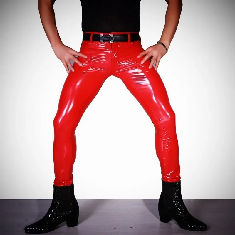 

Men's mirror PU latex ammonia jazz dance leather pants NK50 stage fashion sexy nightclub motorcycle small leg tight pants