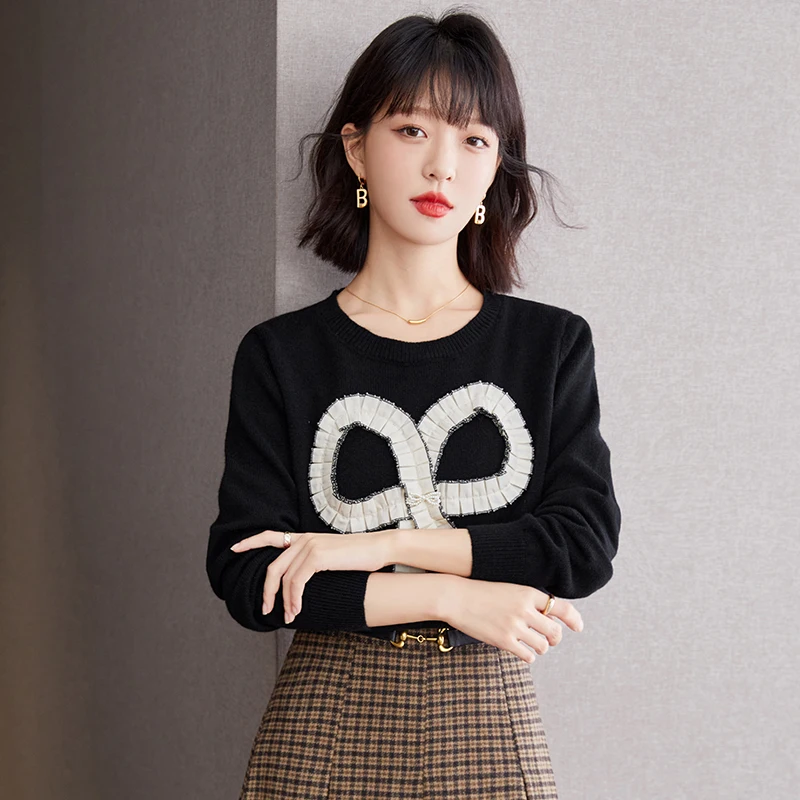 

Ladies New Fashion Bow Pullover Sweater Women Clothes Girls Autumn Casual Black Knitwear Female Woman OL Sweaters PyB2009