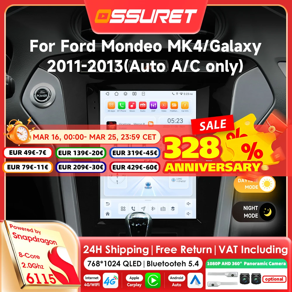 Autoradio 9.7" AI Carplay Android 14 per Ford Mondeo MK4 Galaxy 2011 2012 2013 multimediale con Snapdragon 6115 GPS Stereo e Telecamera 360
