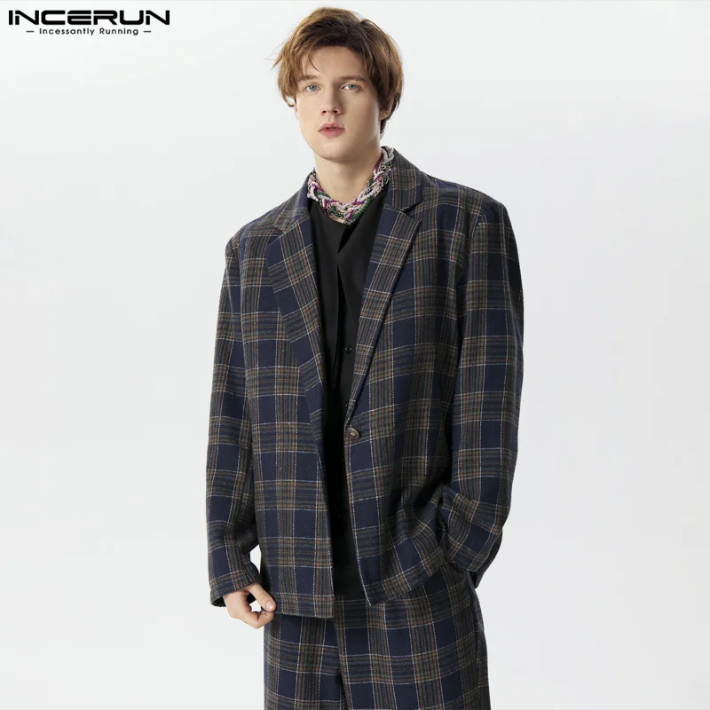 2024 Men\'s Plaid Blazer Lapel Long Sleeve One Button Streetwear Casual Suits Men Spring Elegant Fashion Male Coats S-5XL INCERUN