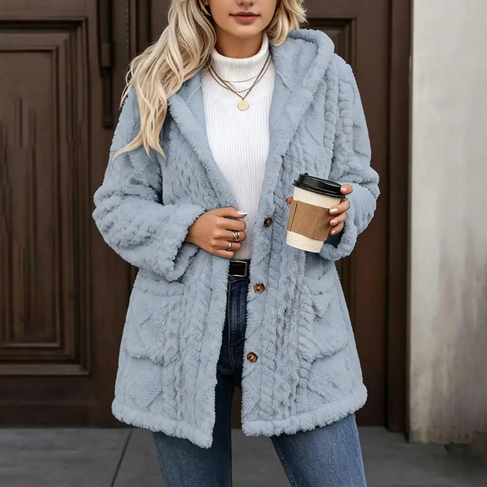 Women Fleece Jacket with Pockets, Warm Hooded Coat for Fall Winter, Oversized Casual Button Front Cardigan Women Winter Coat