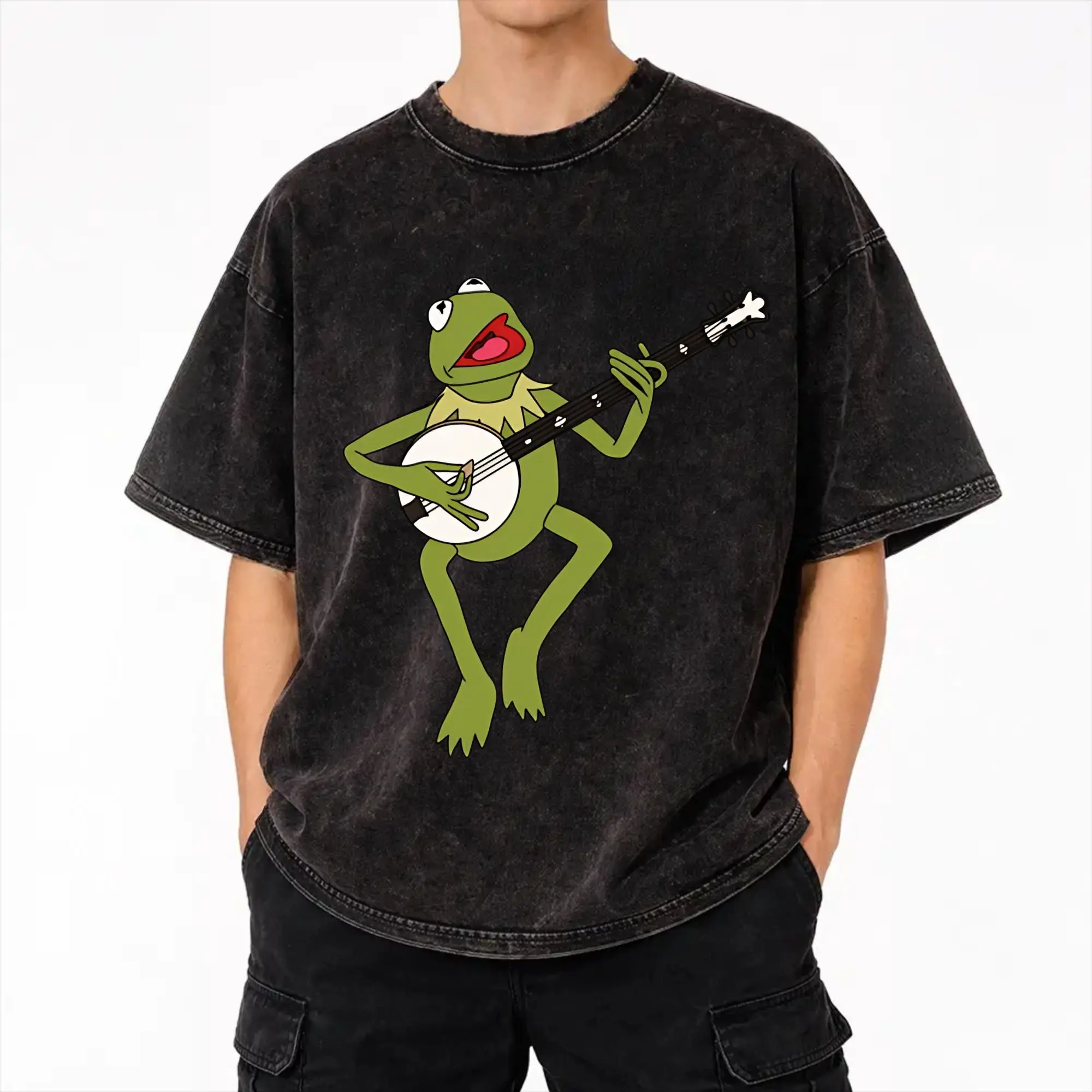 Kermits the Frog Washed T Shirts Streetwear Hip Hop Vintage T-Shirts  Tees for Men Women Cotton Oversize