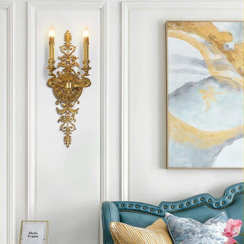 French Exquisite Copper Carved Double Candle Wall Light Indoor Decoration Sconce Living Room Bedroom Beside Brass Led Wall Lamp