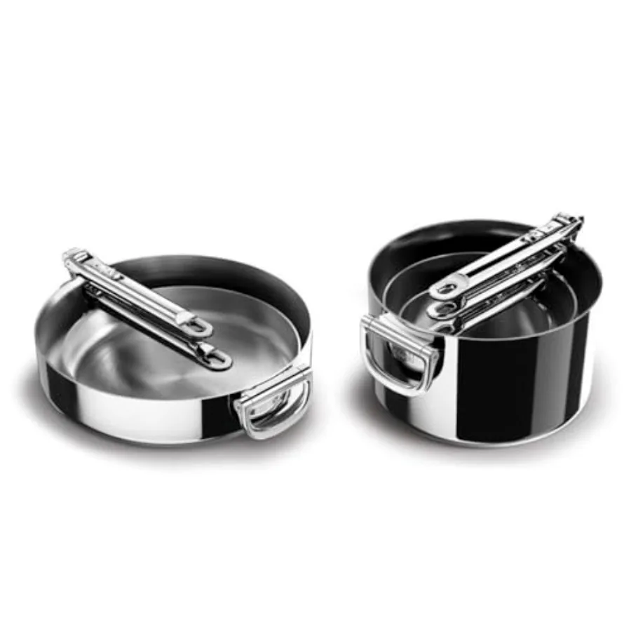

Kitchen stainless steel sauce pan set: space steel, silver, 8-piece nesting with folding handles, induction and oven safe