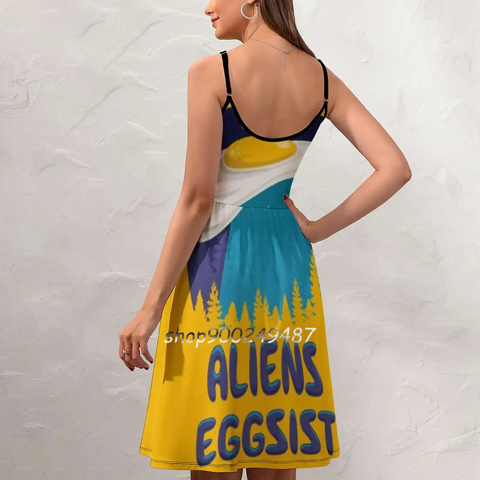 Aliens Eggsist Sling Dress Summer Dress Sling Sexy A Line Dress Fashion Female Dress Eggs Egg Humor Ufo Yellow Forest Night Pun