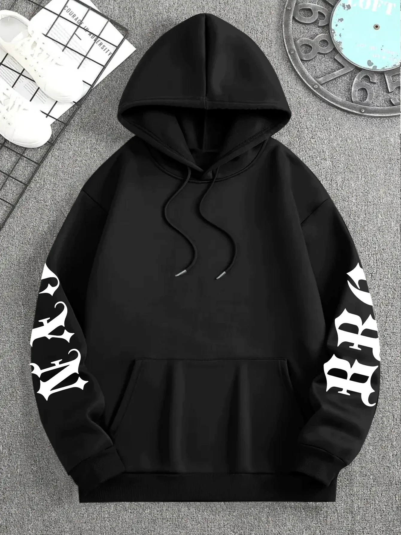 Men Sport Hip Hop Hoodie Gothic Letter Lightning Back Sleeve Print Streetwear Fleece Pullover Sweatshirt Quote Casual Outfit