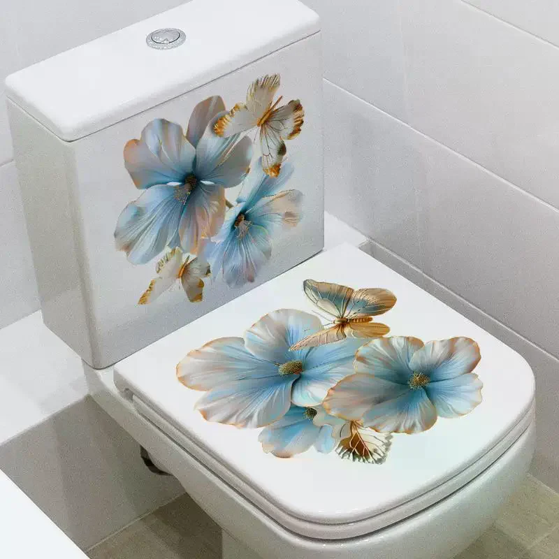 [MOA]Blue And Gold Floral Butterfly Toilet Sticker Bathroom Realistic Floor Decal Waterproof Anti-Slip Removable Bathtub Decor