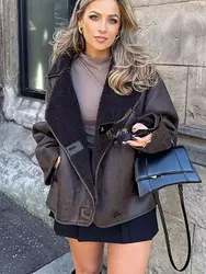 HH Women's Street Fashion Warm Jacket Vintage Lapel Leather Long Sleeves Single Breasted With Pockets Causal Thick Coats