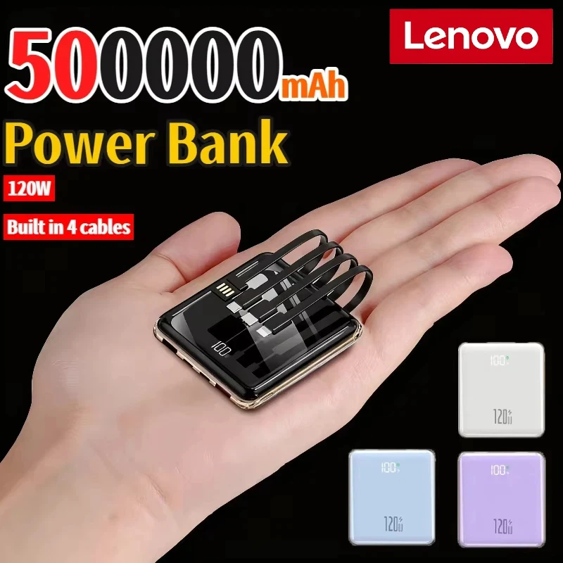 

Внешний аккумулятор Lenovo 500000 мАч Mini Power Bank со встроенными 4 кабелями, большой емкости, сверхбыстрая зарядка для iPhone Samsung 2026