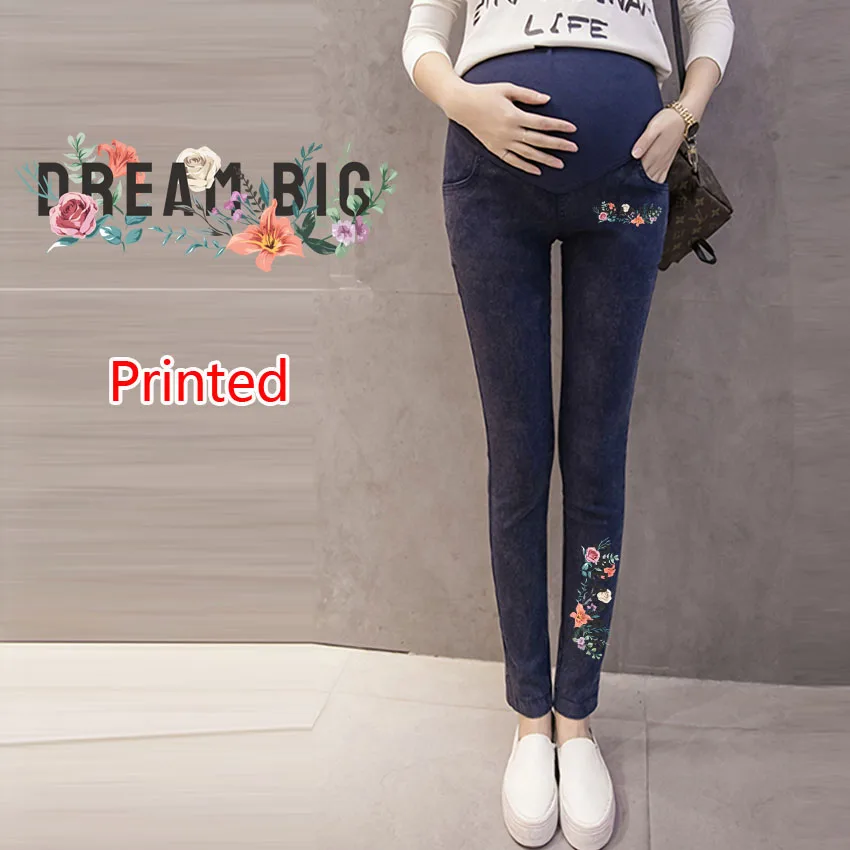 

Elastic High Waist Maternity Leggings Skinny For Pregnant Women Belly Support Denim Jeans Pants Flowers petal Print Trousers
