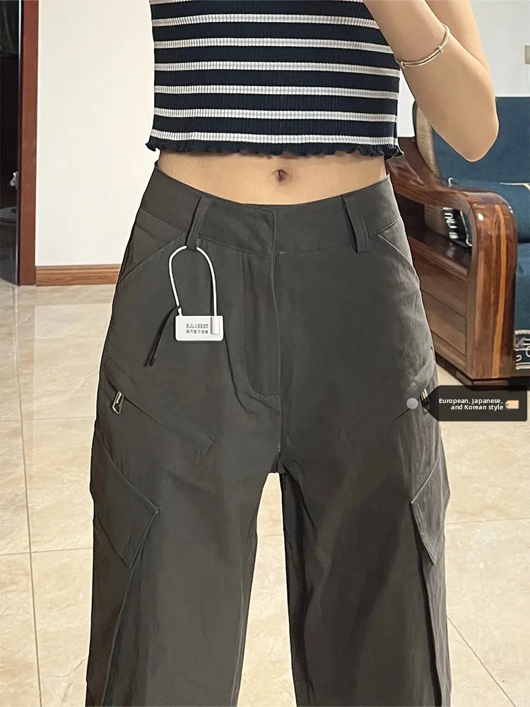 

plus Size Deep Grey American Style Cool High Waist Straight Leg Workwear Pants Women Summer High Street Loose Casual Trousers
