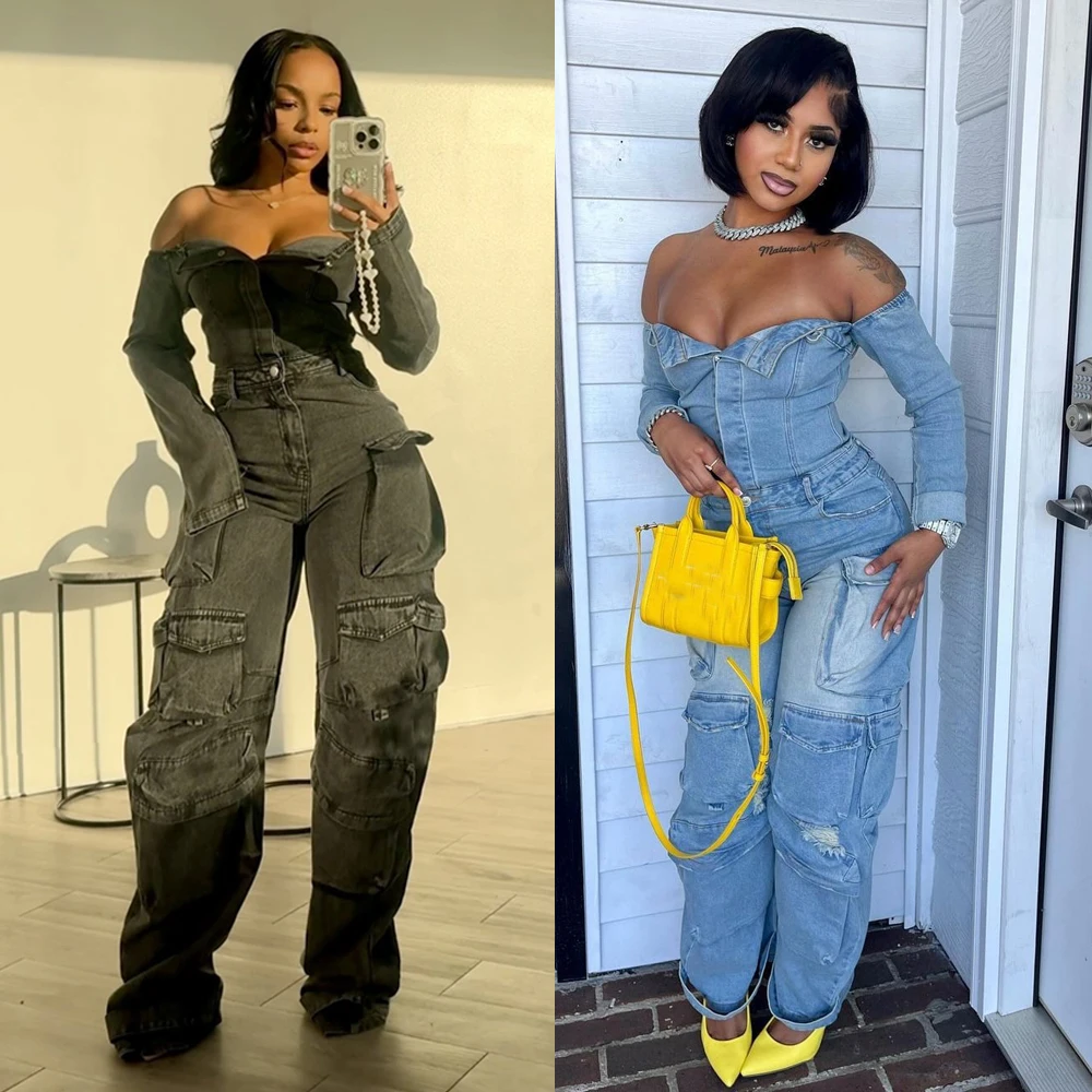 

Fashion Multi-pockets Washed Denim Cargo Jumpsuit Off Shoulder Long Sleeve One Piece Overalls for Women Jean Streetwear Clothing