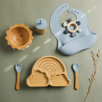7pcs Silicone Baby Feeding Set Baby Feeding Supplies Kids Bamboo Dinnerware With Cup…