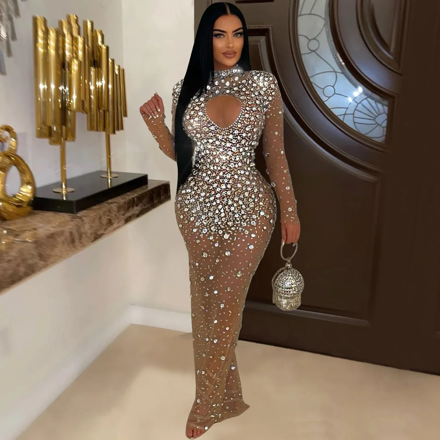 Women Mesh See Through Diamonds Hot Rhinestones Bodycon Long Mermaid Maxi Dress 2024 Evening Sexy Party Dresses Vestidos