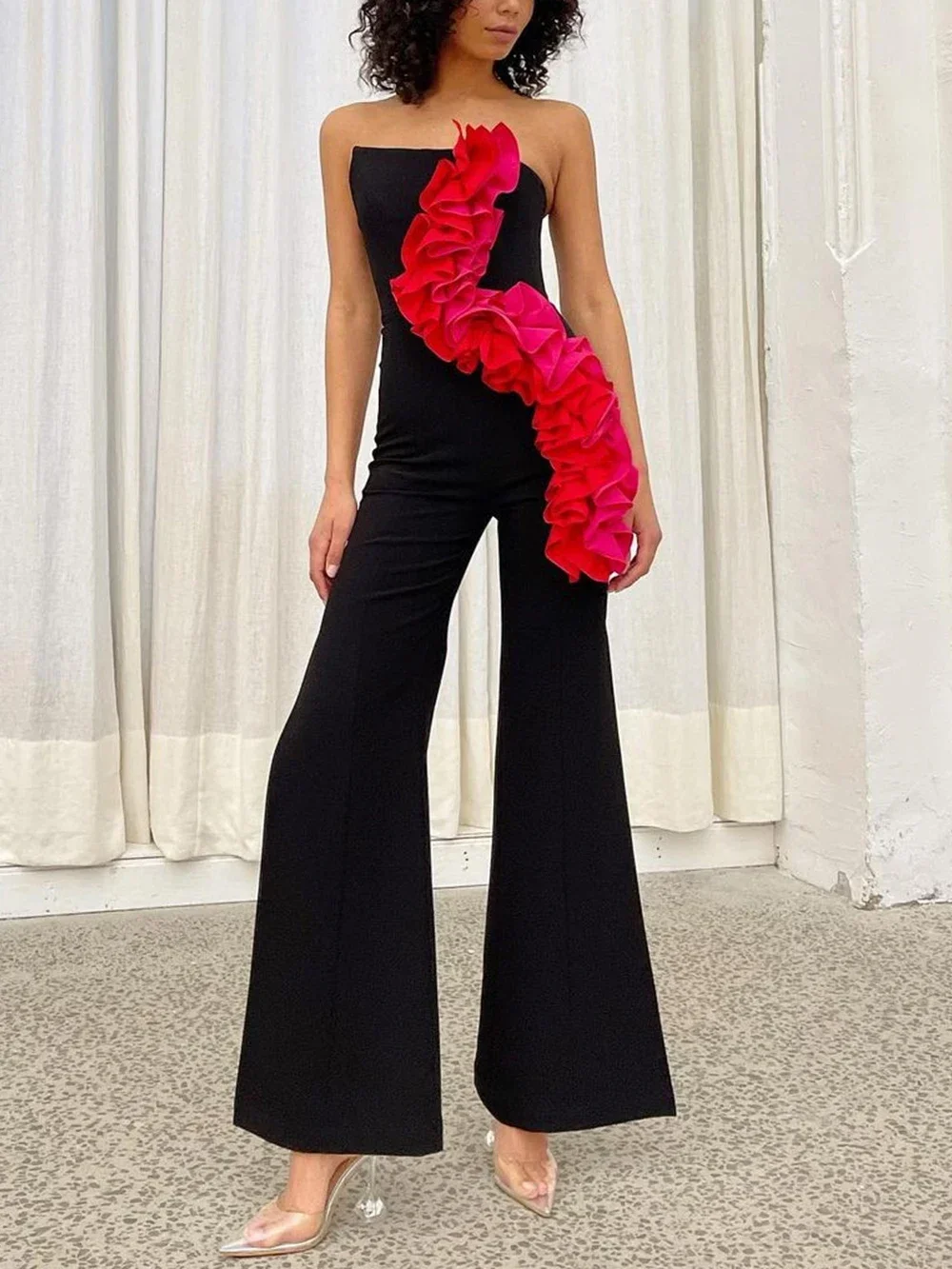 Women Sexy Strapless Backless Ruffles Patchwork Black Bandage Split Jumpsuit 2024 Bodycon Celebrity High Street Rompers