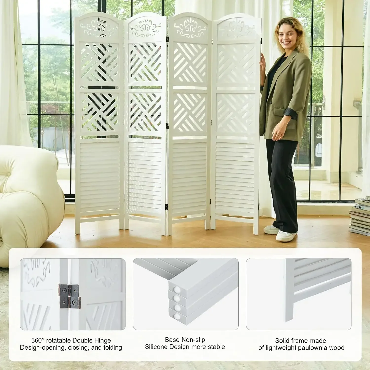 Room Divider with Shelves, 68.9inch Wood Carved and Louvered Wall Divider Freestanding, 4 Panels Folding Partition Screen for Be