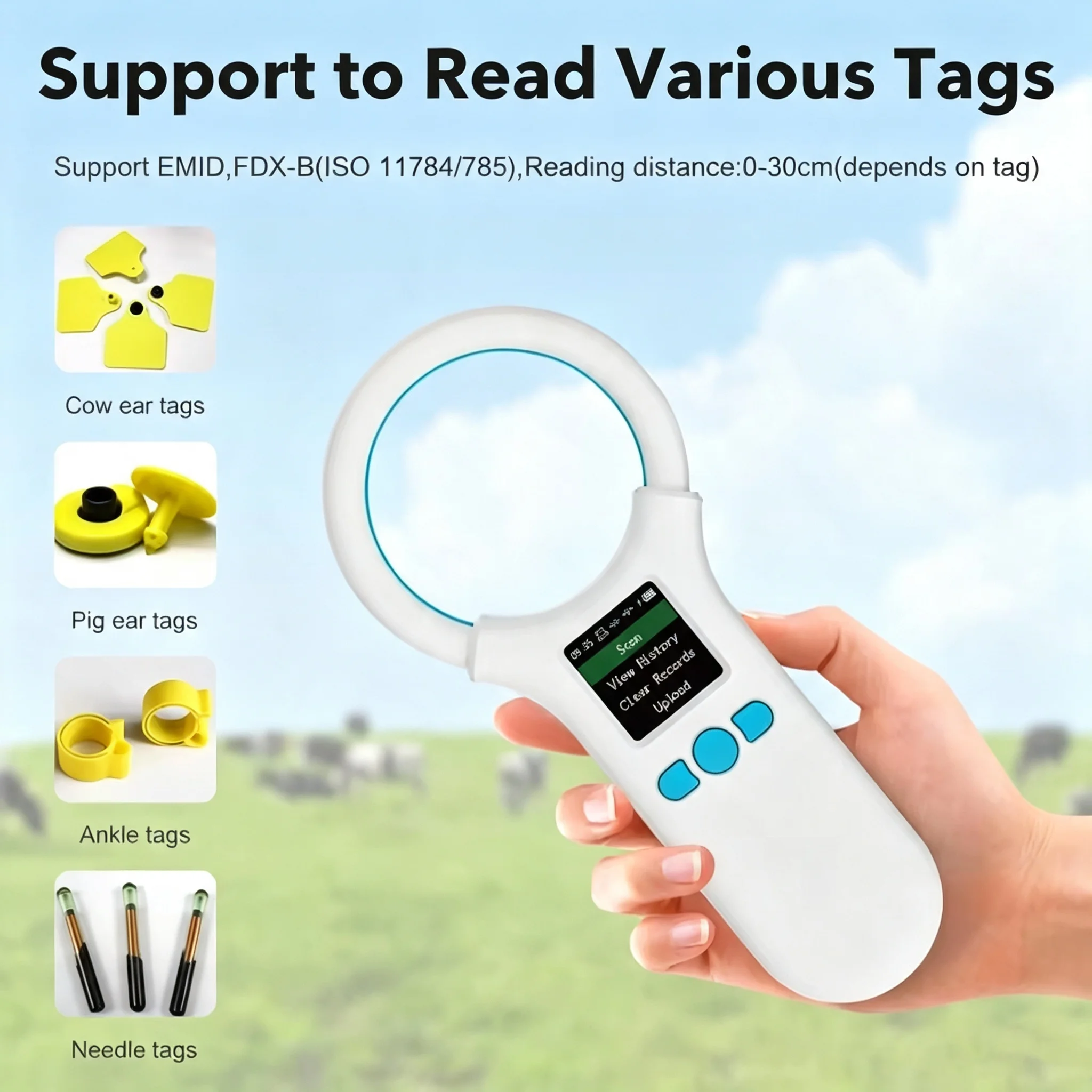 W91A Handheld Animal RFID Microchip Reader 134.2KHz FDX-B 125KHz EMID Pet Chip Scanner USB  Sound Brightness for Dog Cat Horse