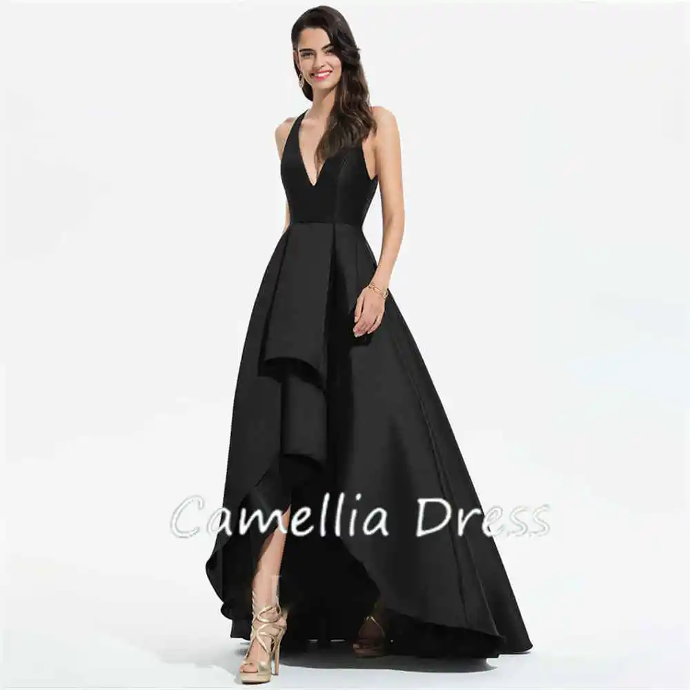 Simple A-line Evening Dresses V Neck Sleeveless Prom Dresses Asymmetrical Satin Formal Dresses Vestidos De Fiesta فساتين السهرة