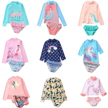 Happy Flute 2 Stück Set Ins Style Split Cartoon Langarm Sonnenschutz kleinen großen Mädchen Badeanzug