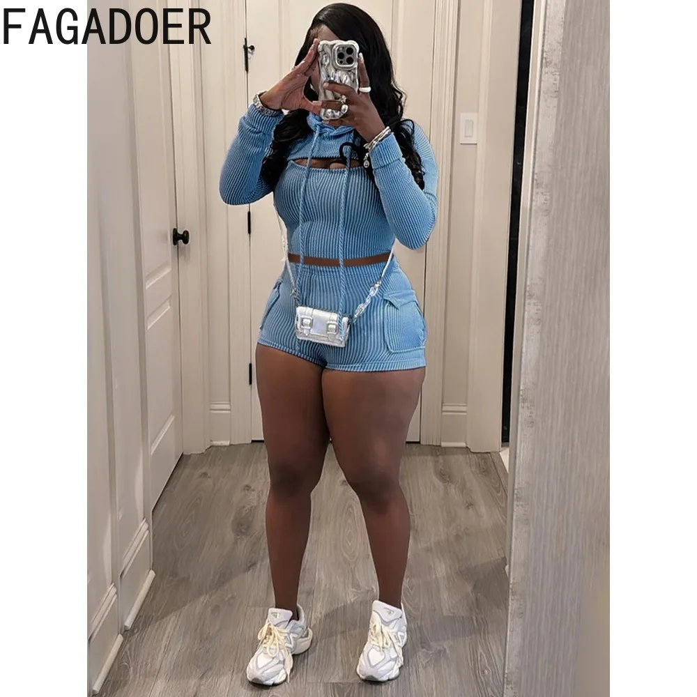 FAGADOER Summer New Solid Ribber Hooded Two Piece Sets Women Vest Long Sleeve Crop Top Shorts Outfits Fashion Sporty Clothing