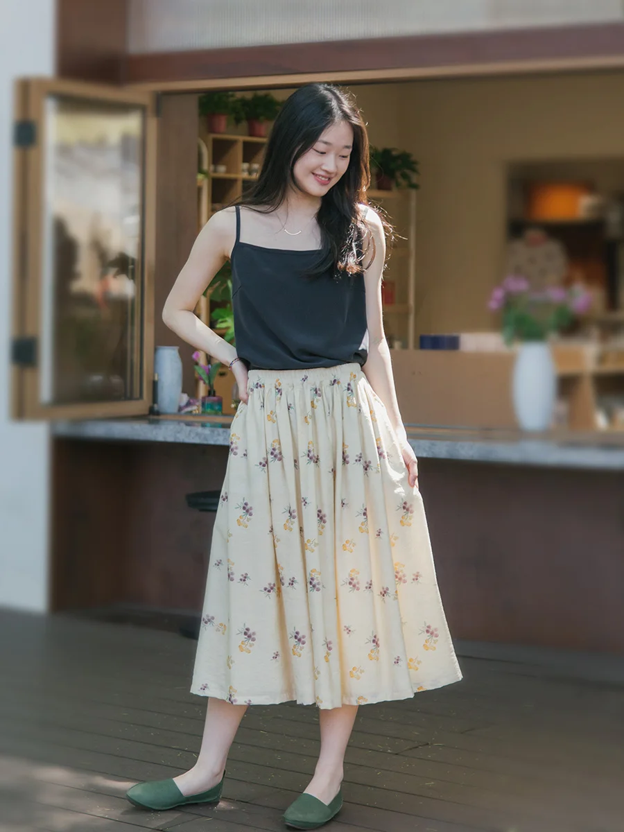 

Dongyuan Zaijiu Yuan Ji Легкая шелко-льняная юбка с художественным принтом f Винтажная китайская чернильная юбка трапециевидной формы со средней талией