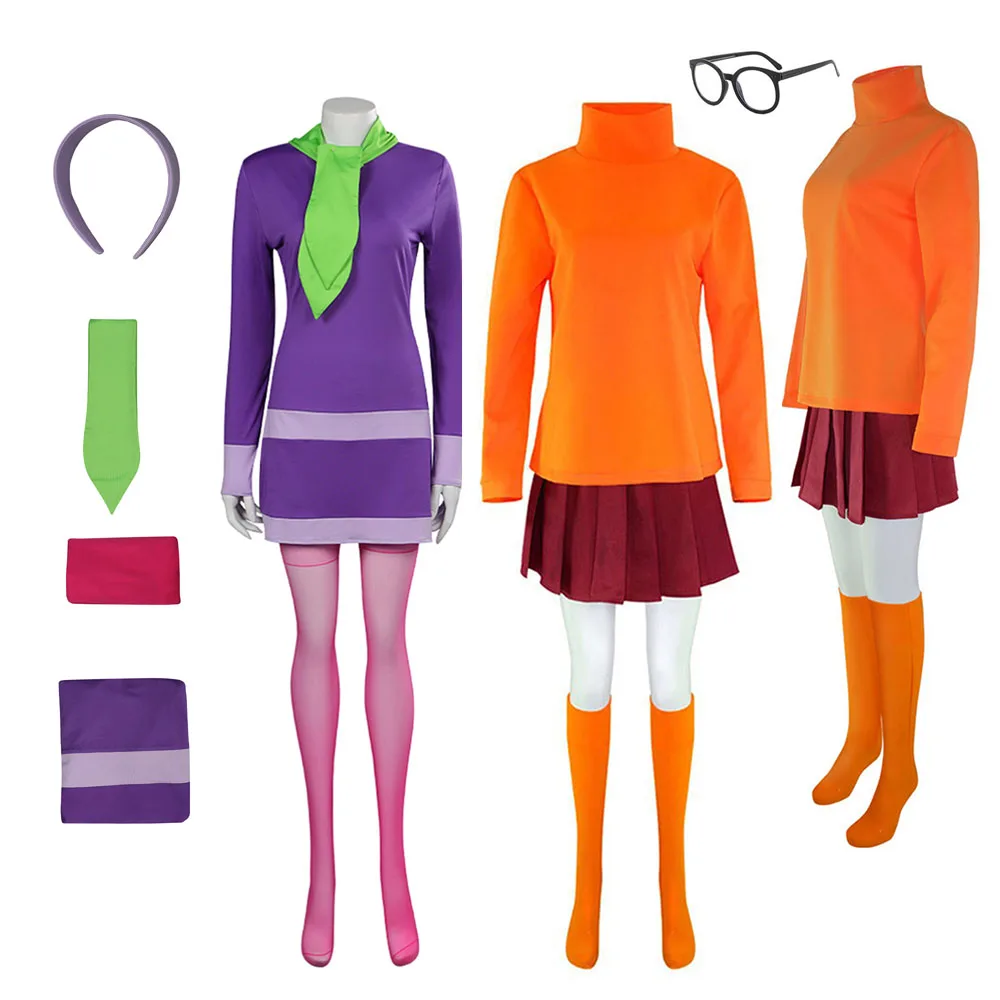 Daphne Blake Costume Cosplay Donne Adulte Ragazze Fantasia Travestimento Calzini TV Cosplay Halloween Gioco di Ruolo Vestito