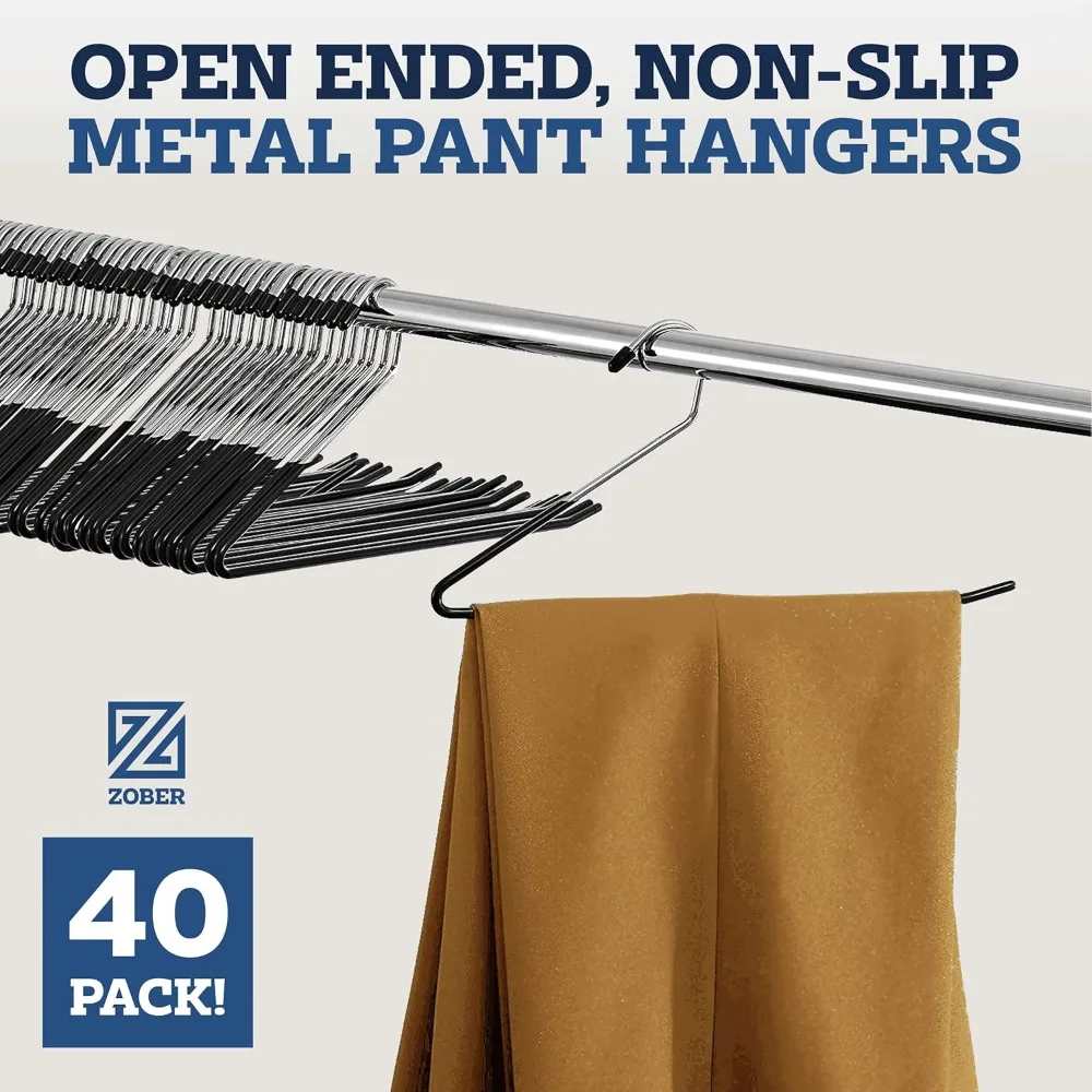 Zober Pants Hangers Non Slip - 40 Pack Open Ended Pants and Jean Hangers for Closet - Space Saving Clothes Hanger - Strong