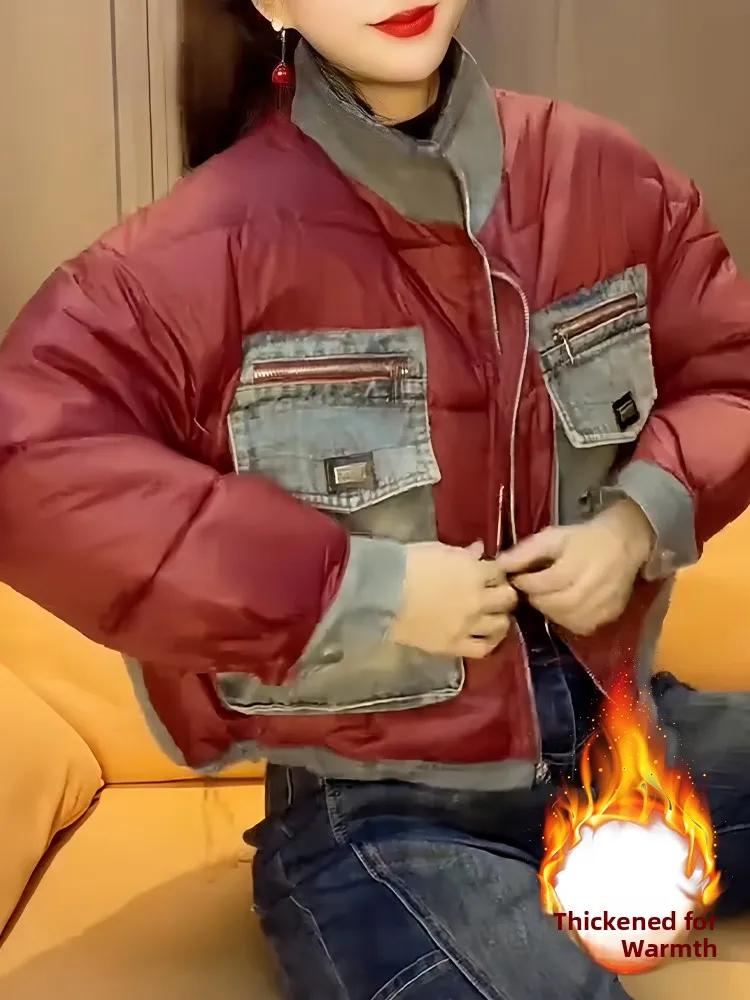 Damen Thiened Fce Denim Daunen Jaet Korean Sle Loose Fit Winter Oberbekleidung Farbe Blo Splicing Faionable Mantel