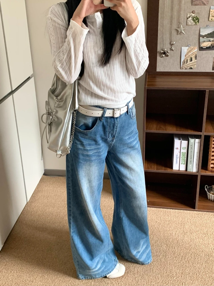 American Vintage Light Wash Wide Leg Women Jeans Autumn Winter Loose Figure Flattering Draping Straight Floor-length Trousers