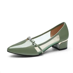 Moda donna in pelle verniciata verde primavera ed estate Slip on scarpe con tacco quadrato Lady Casual Plus Size décolleté da lavoro per ufficio Zapatos B64