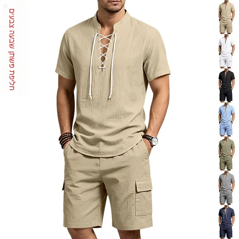 

Loose Linen Men's Summer Casual Outdoor Workwear Short Sleeve Shorts Set Breathable Comfortable Fashionable Youth T-Shirt