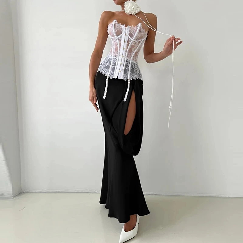 

Fashion Design Style Hollow Fishtail Half Skirt Summer Solid Color High Waist Long Skirts Elegant Lady Simple Slim Commute Skirt