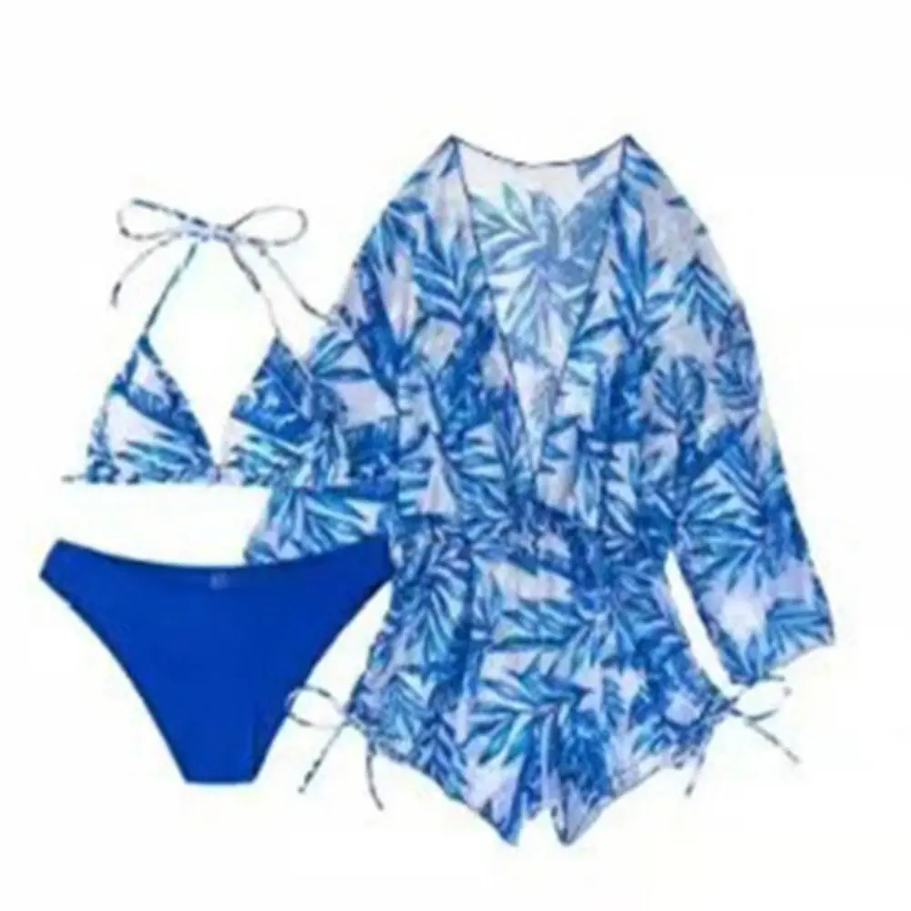 3 Pieces Set Bikini Sets Drawstring Side Print Long Sleeve Bathing Suit Push-up Bra Flower 3 Pieces Halter Bikini Women