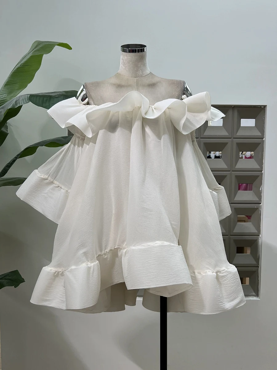 TWOTWINSTYLE Solid Sheer Spliced Ruffles Folds Mini Dresses for Women Slash Neck Long Sleeves Elegant Dress Female Clothing New