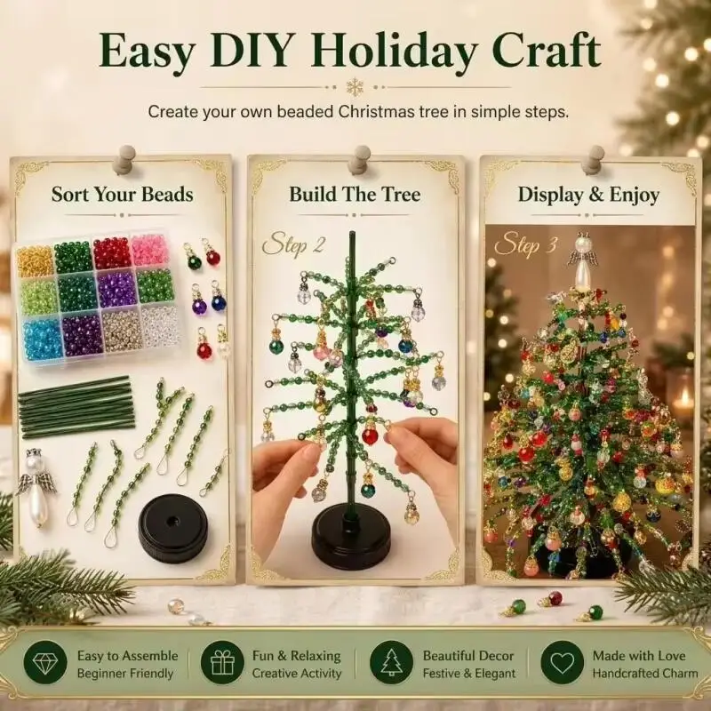 Diy Colorful Beaded Glowing Christmas Tree Kit Handmade Holiday Ornament Tabletop Home Decoration Xmas Craft Gifts Supplies