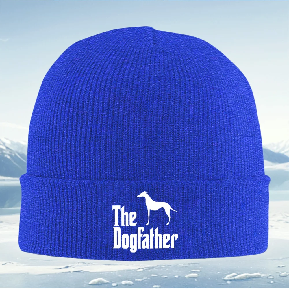 صورة ظلية للكلاب، كلمات "The Dogfather" للرجال والنساء للجنسين قبعة محبوكة قبعة صوفية شتوية حرارية دافئة لعيد الميلاد في الهواء الطلق