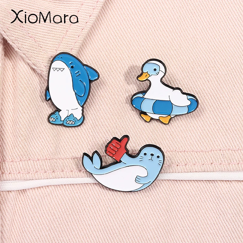 

Cute Marine Animal Enamel Pins Cartoon Shark Seals Sea Lions Duck with Swimming Ring Metal Brooches Lapel Badge Jewelry Gifts
