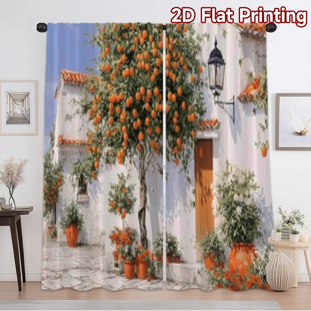2D flat printing 2pcs Curtain Drapes Orange Tree by House Digital Printed Polyester Drapes Party Decorations Perfect for