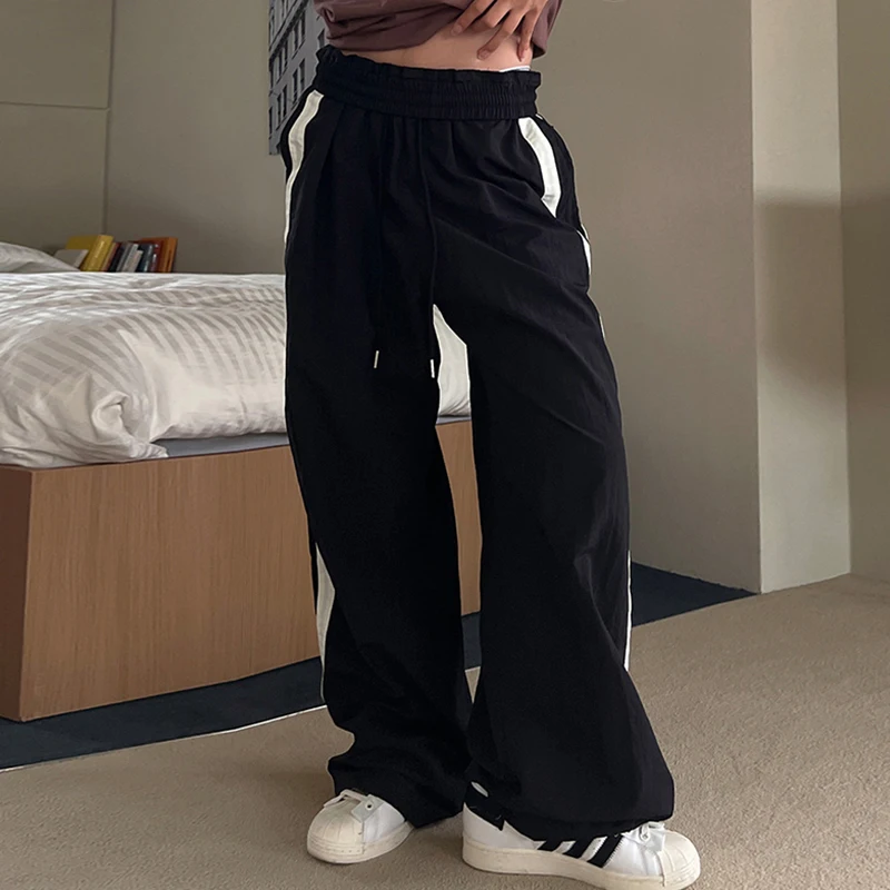 الأمريكية المتناقضة خمر الرباط Sweatpants موضة الأشرطة مستقيم بنطال ذو قصة أرجل واسعة فضفاض التطهير بنطلون السيدات الصيف