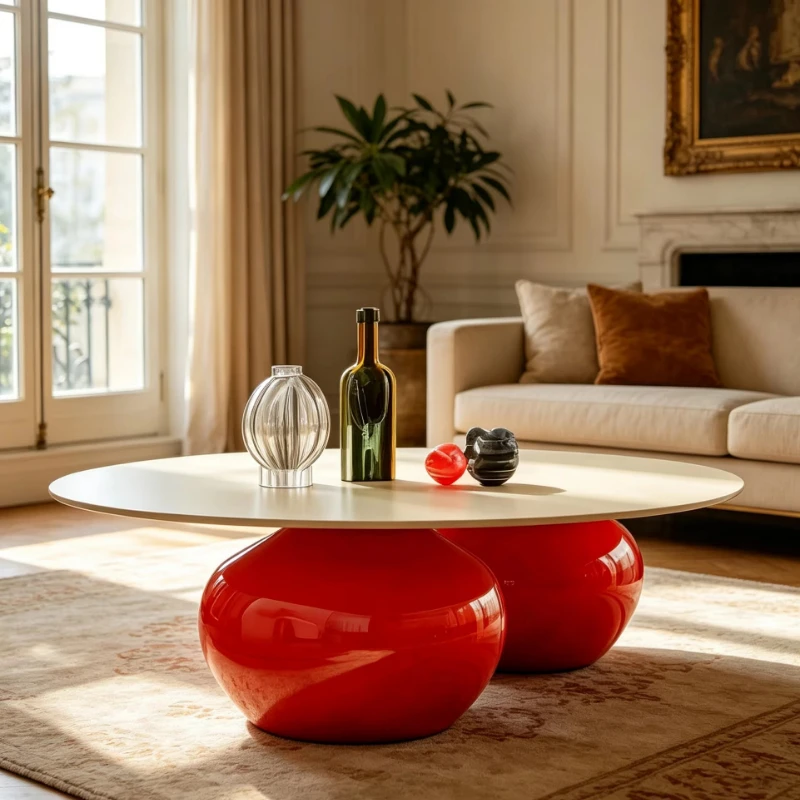 Highlight round coffee table with red bubble base decorating center table