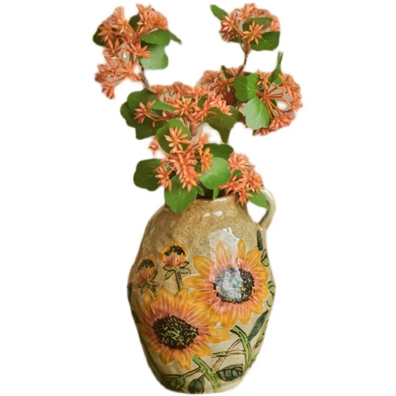 مزهرية سيراميك لتزيين غرفة المعيشة، مزهرية زهور كلاسيكية على شكل زهرة أذن واحدة مرسومة يدويًا بكلمات سعيدة، برطمان فخار عباد الشمس