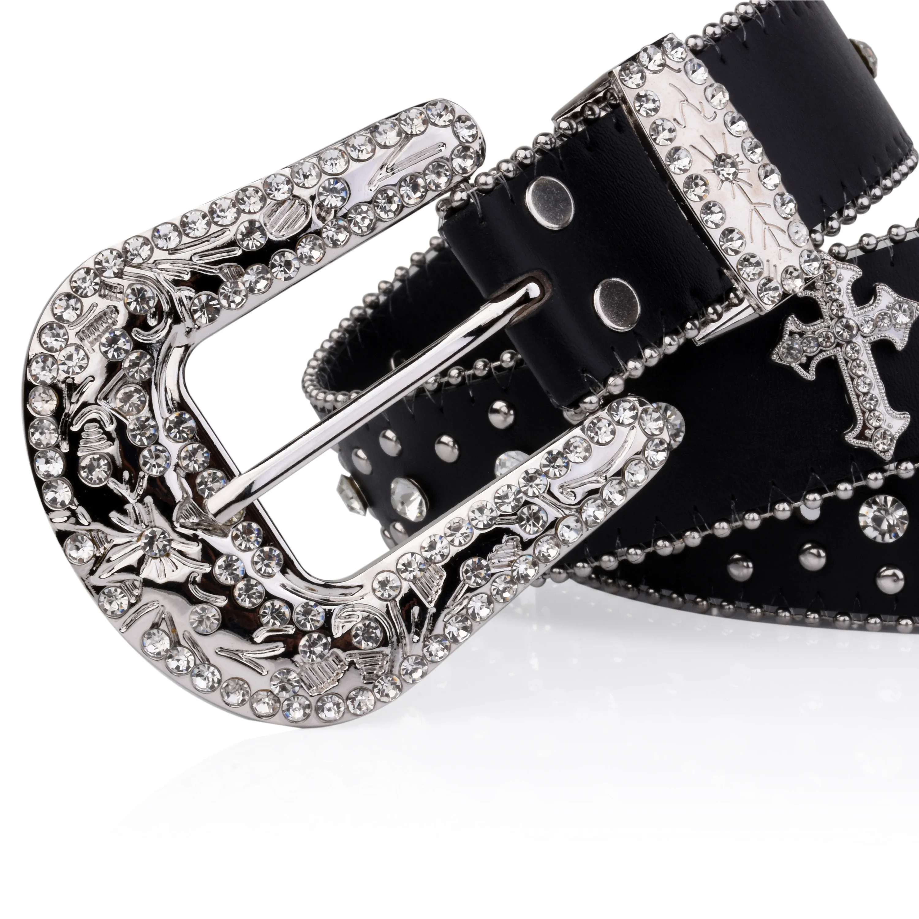 2024 Black Cross Rivet Belt Engraved Buckle Rhinestone Decor PU Belt Hip Hop Jeans Pants Belt Punk Western Cowboy Cowgirl Belts