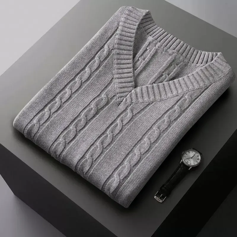 

Осень-зима, мужской массивный вязаный жилет с v-образным вырезом, утолщенный однотонный пуловер, повседневный модный жилет в корейском стиле